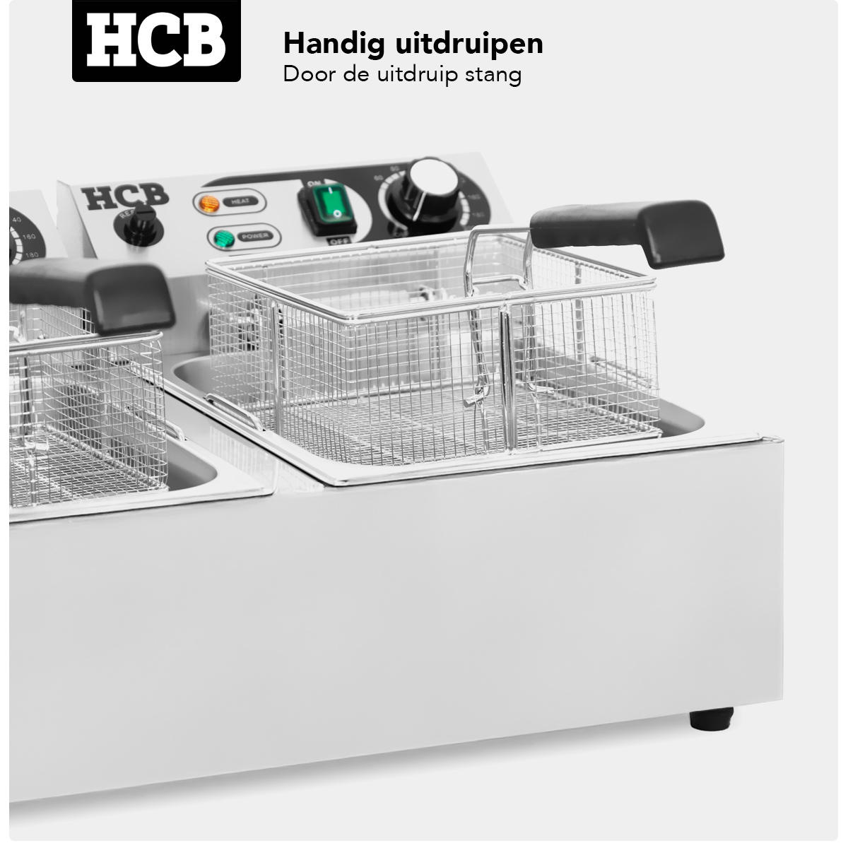 Stainless steel double deep fryer with indicator lights and baskets.
