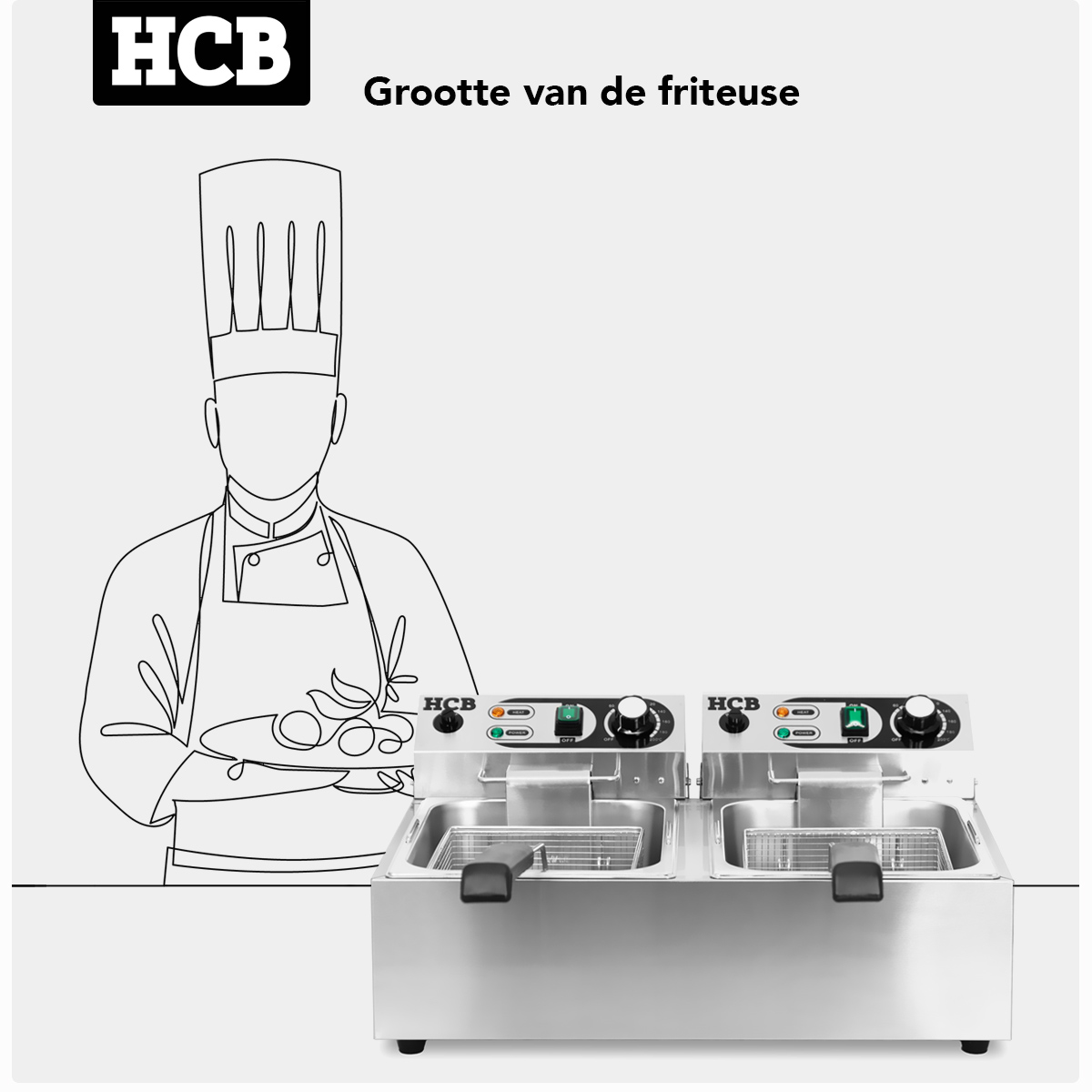 A chef in uniform holds a plate of food. Two deep fryers are next to it.