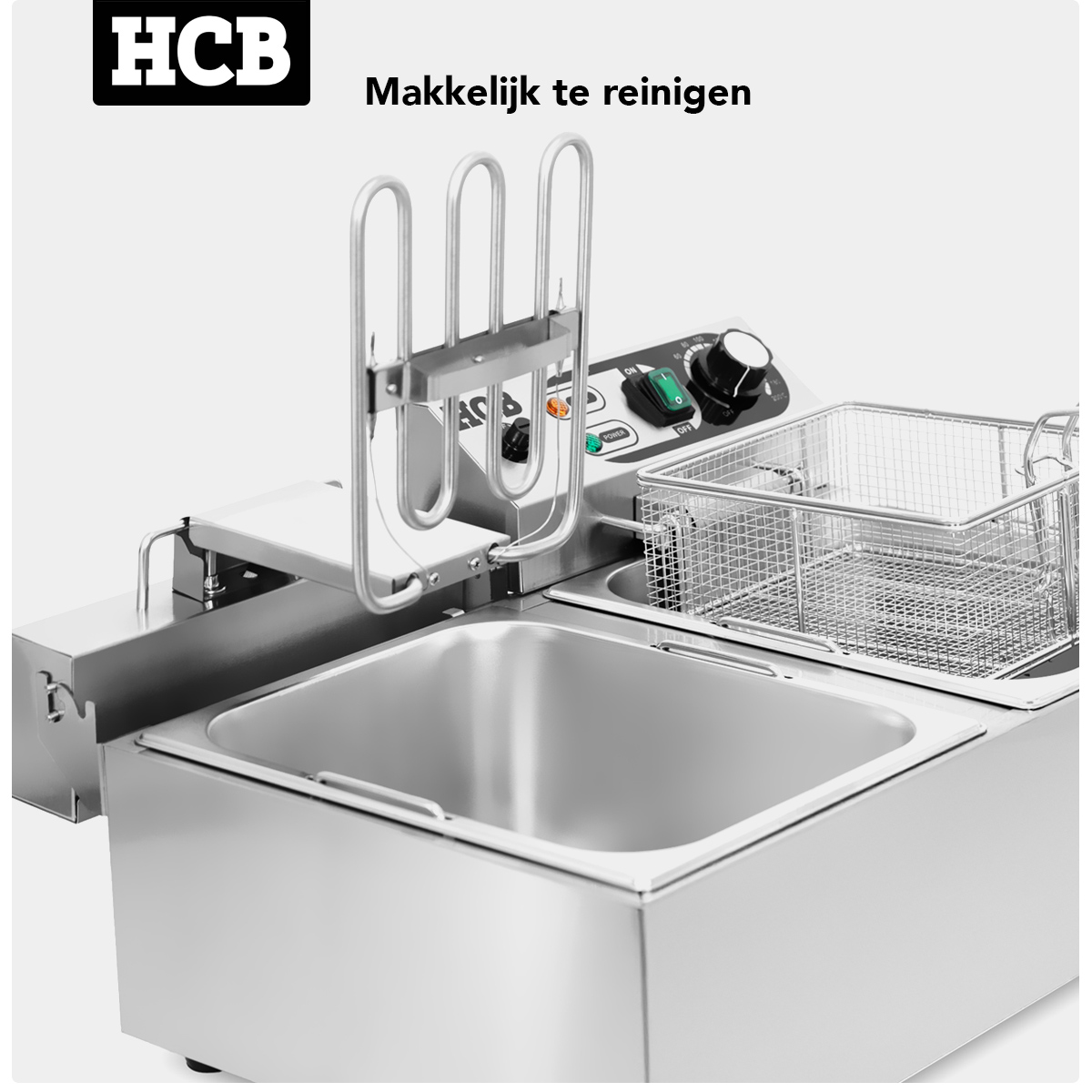 A stainless steel deep fryer with two basins, a basket, and heating elements.