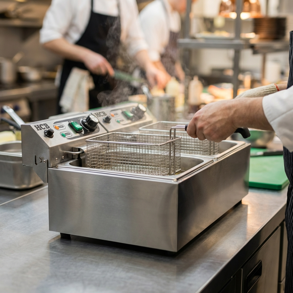 A chef uses a double deep fryer in a kitchen. Steam is rising.