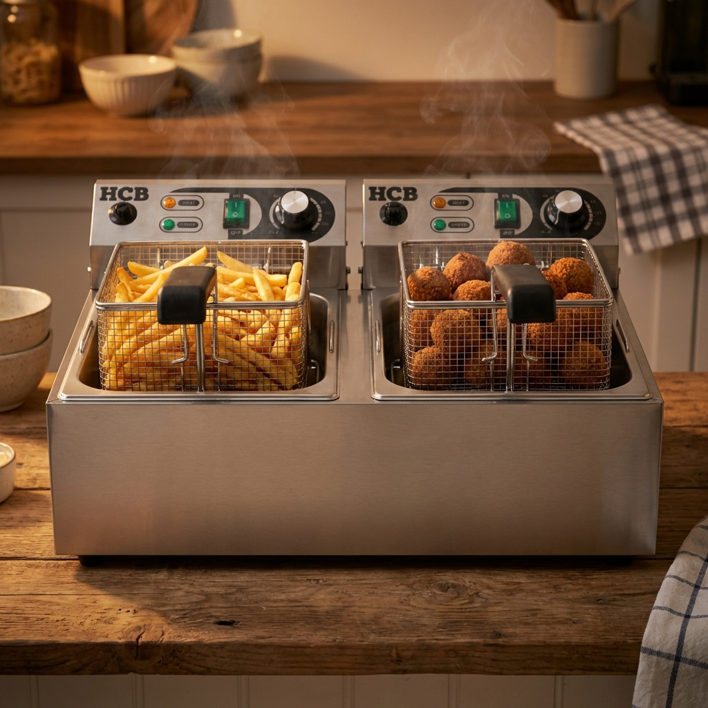 Two deep fryers side-by-side, one with french fries, the other with croquettes.