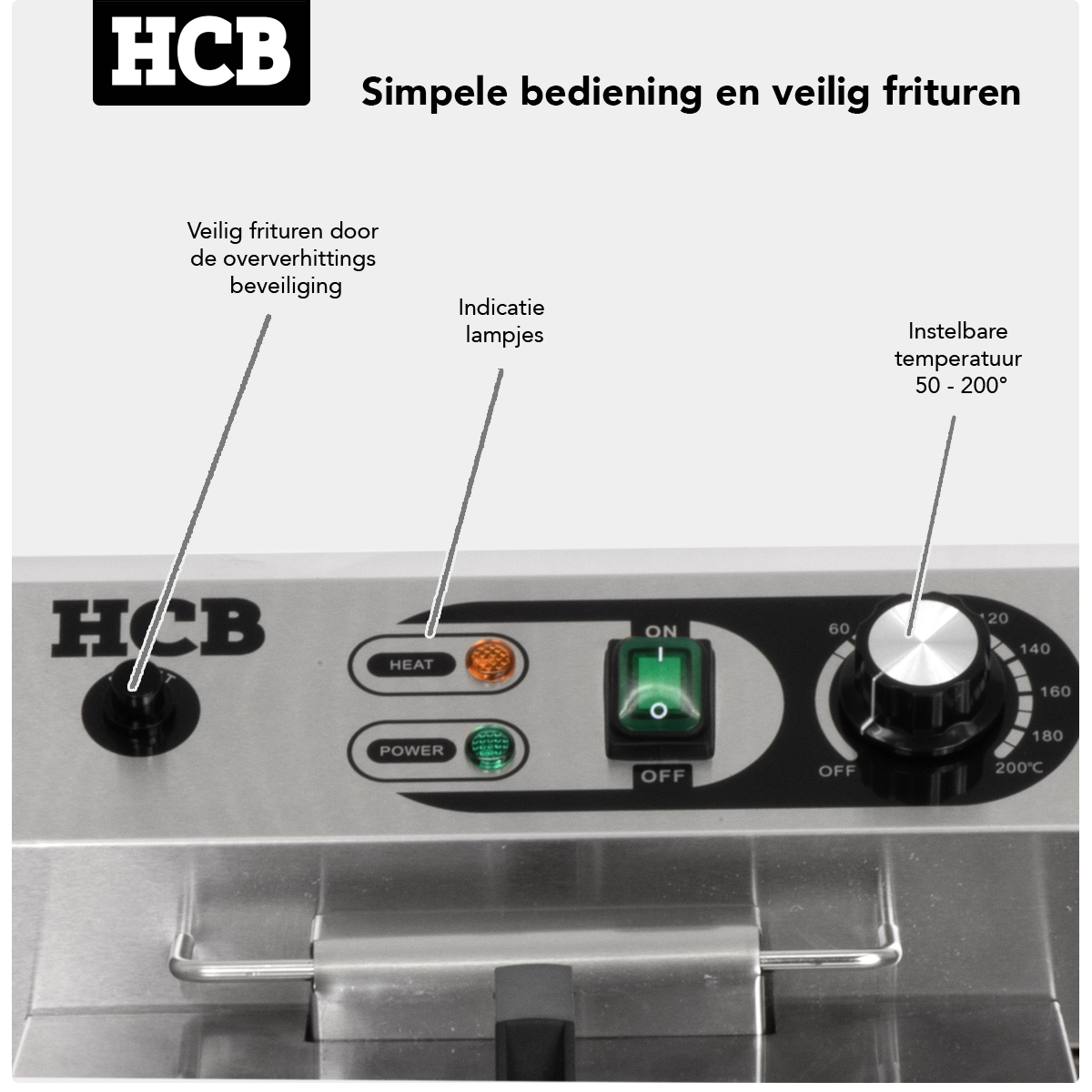 HCB deep fryer control panel with power switch, temperature dial, and indicator lights.