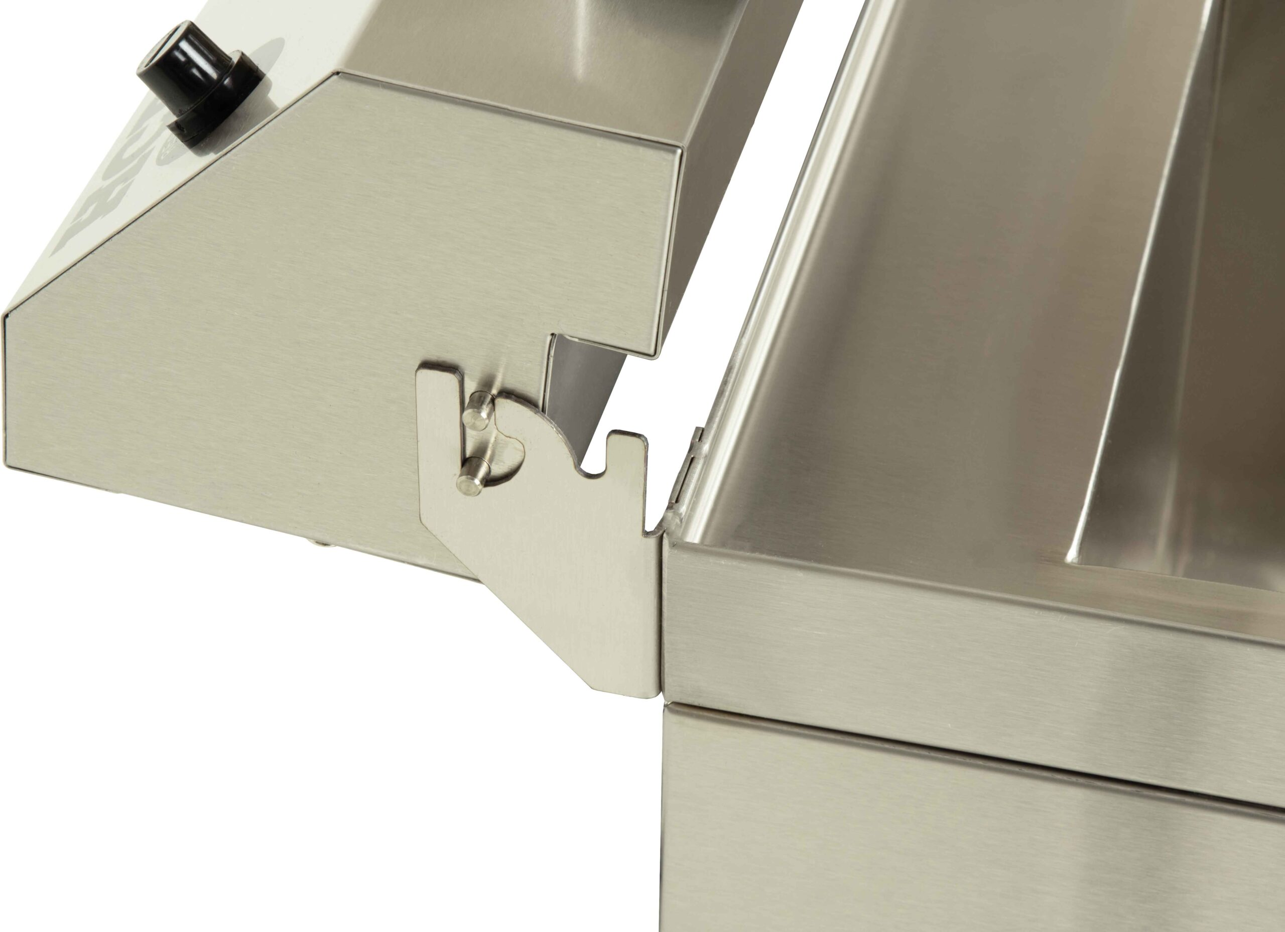 Stainless steel hinge connection with a black knob on top.