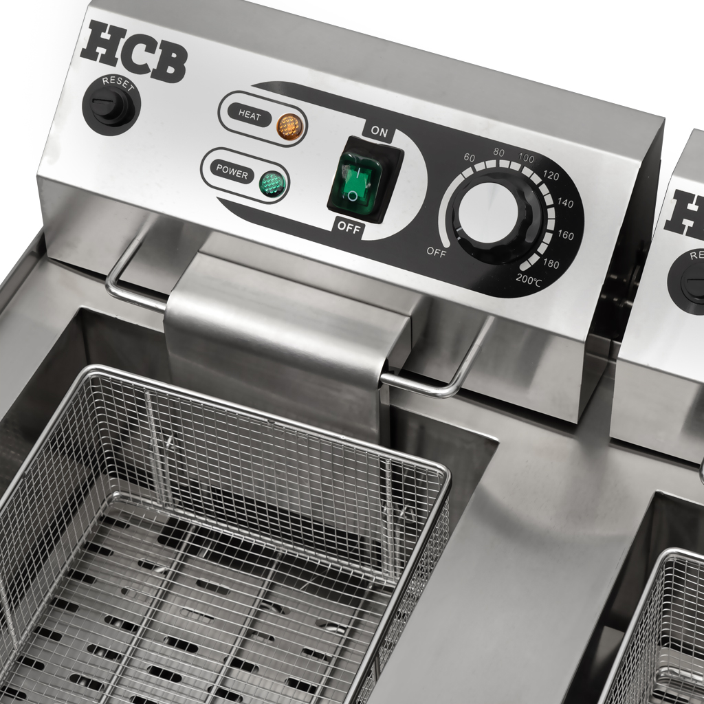Stainless steel double fryer with control panel, temperature dial, and baskets.