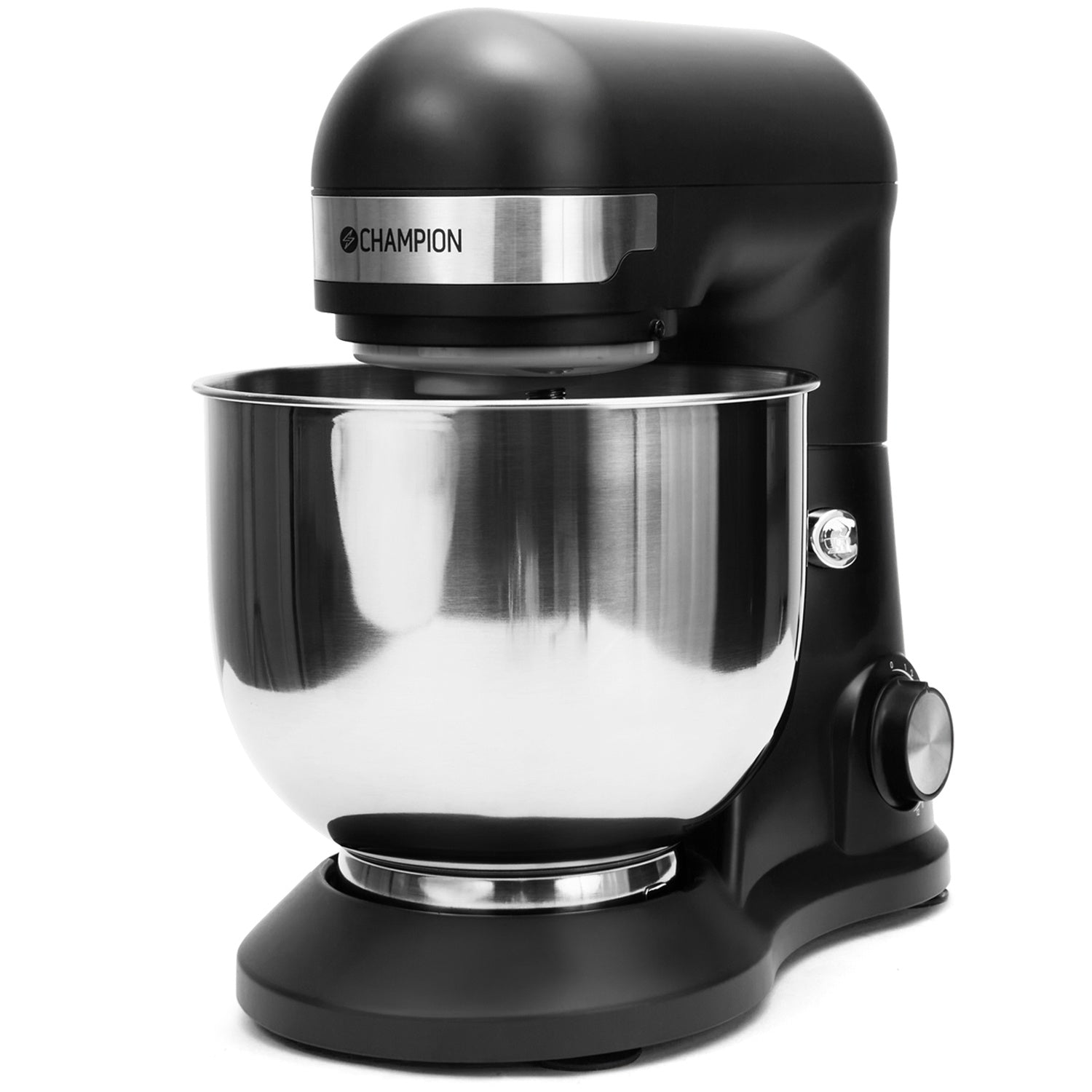 Black stand mixer with stainless steel bowl and Champion logo.