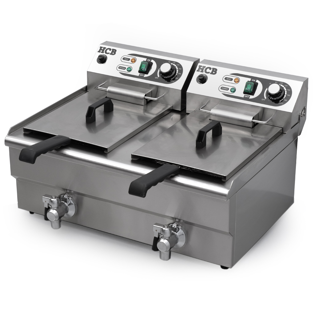 Two stainless steel deep fryers side by side with black handles and silver controls.