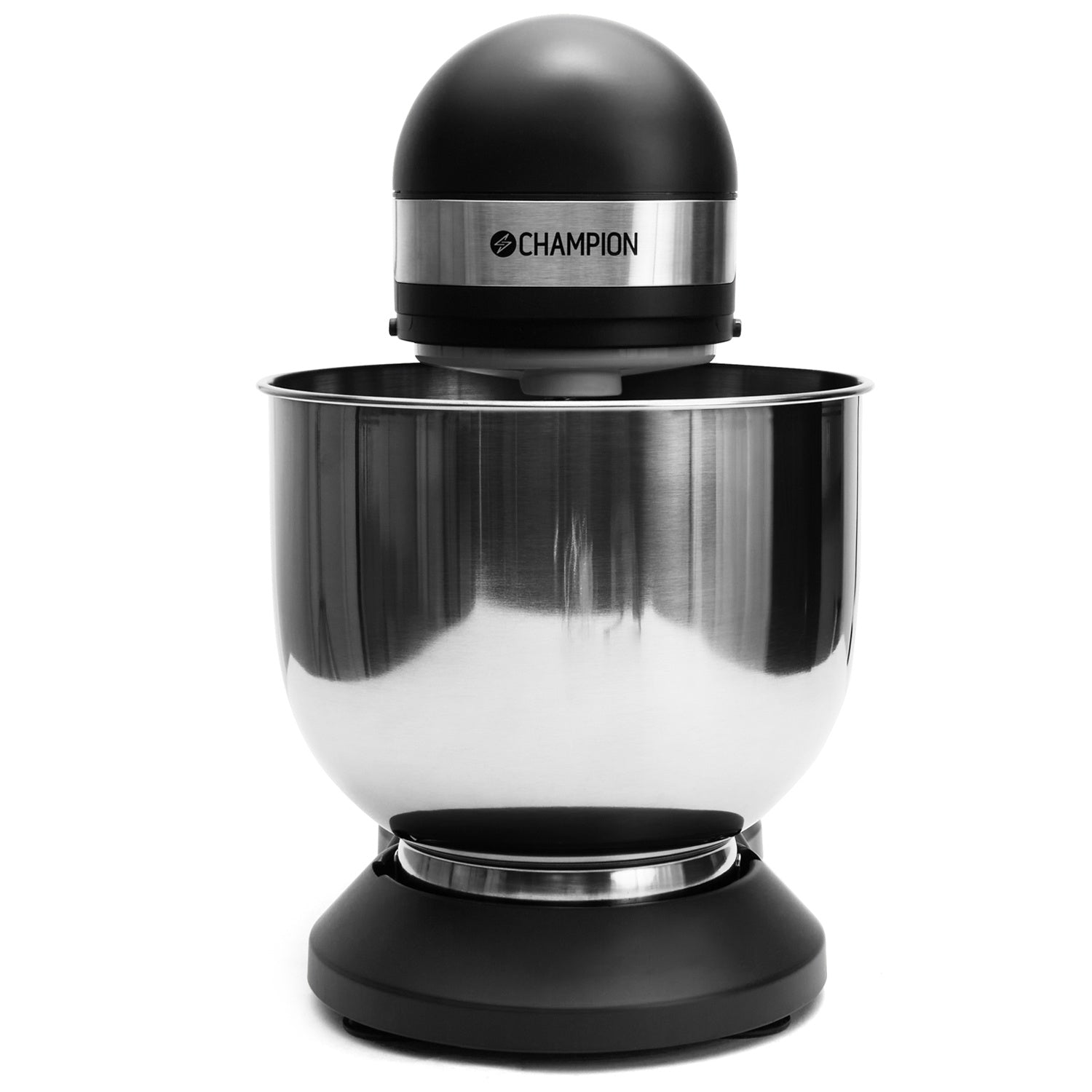A silver stand mixer with a black base and black top.