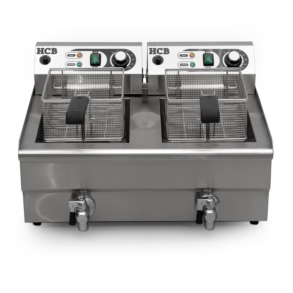 Stainless steel double fryer with two baskets and control panels.