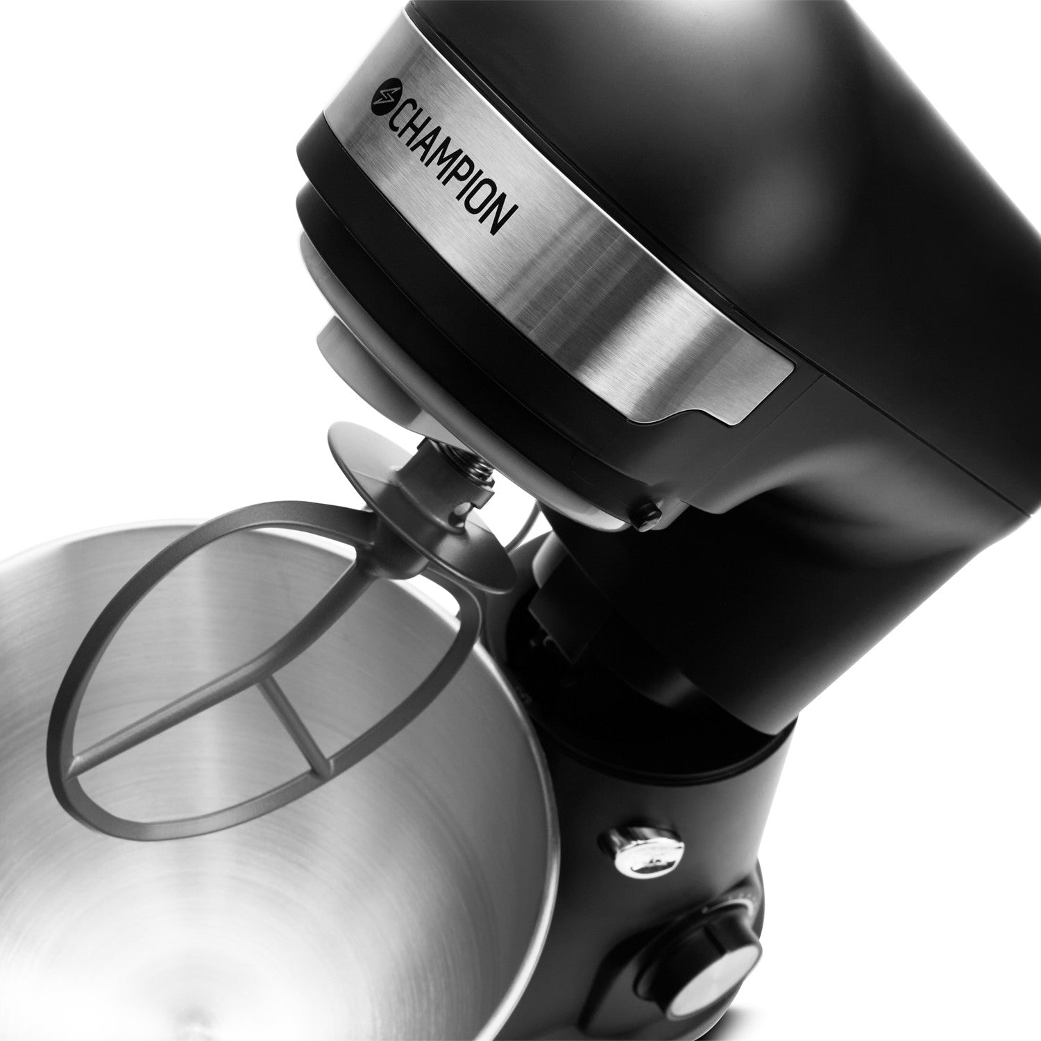 A black stand mixer with a stainless steel bowl and beater attachment.