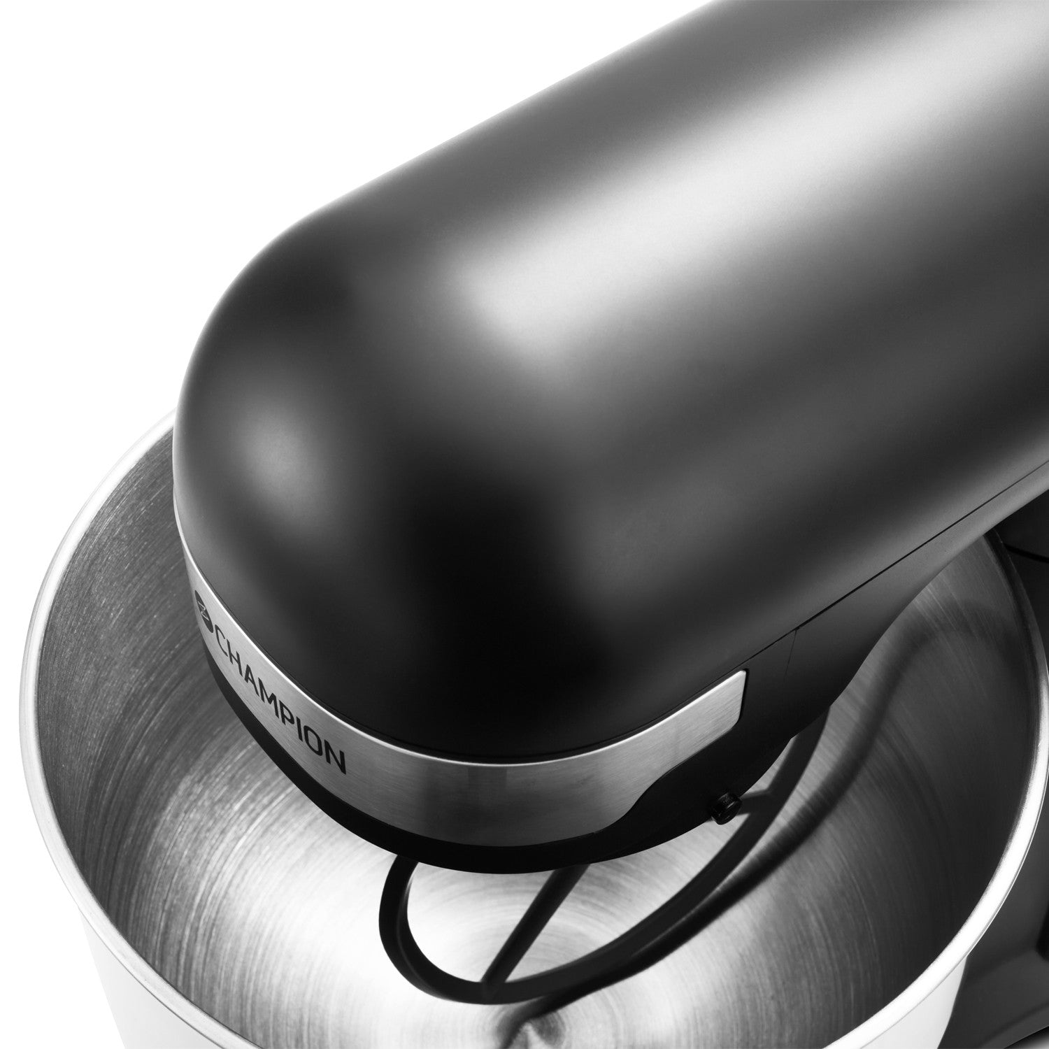 A black kitchen mixer with a stainless steel bowl and whisk.