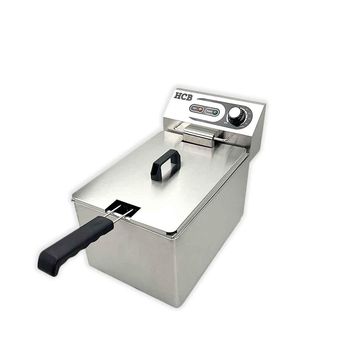 Stainless steel deep fryer with black handle and control panel with dial.