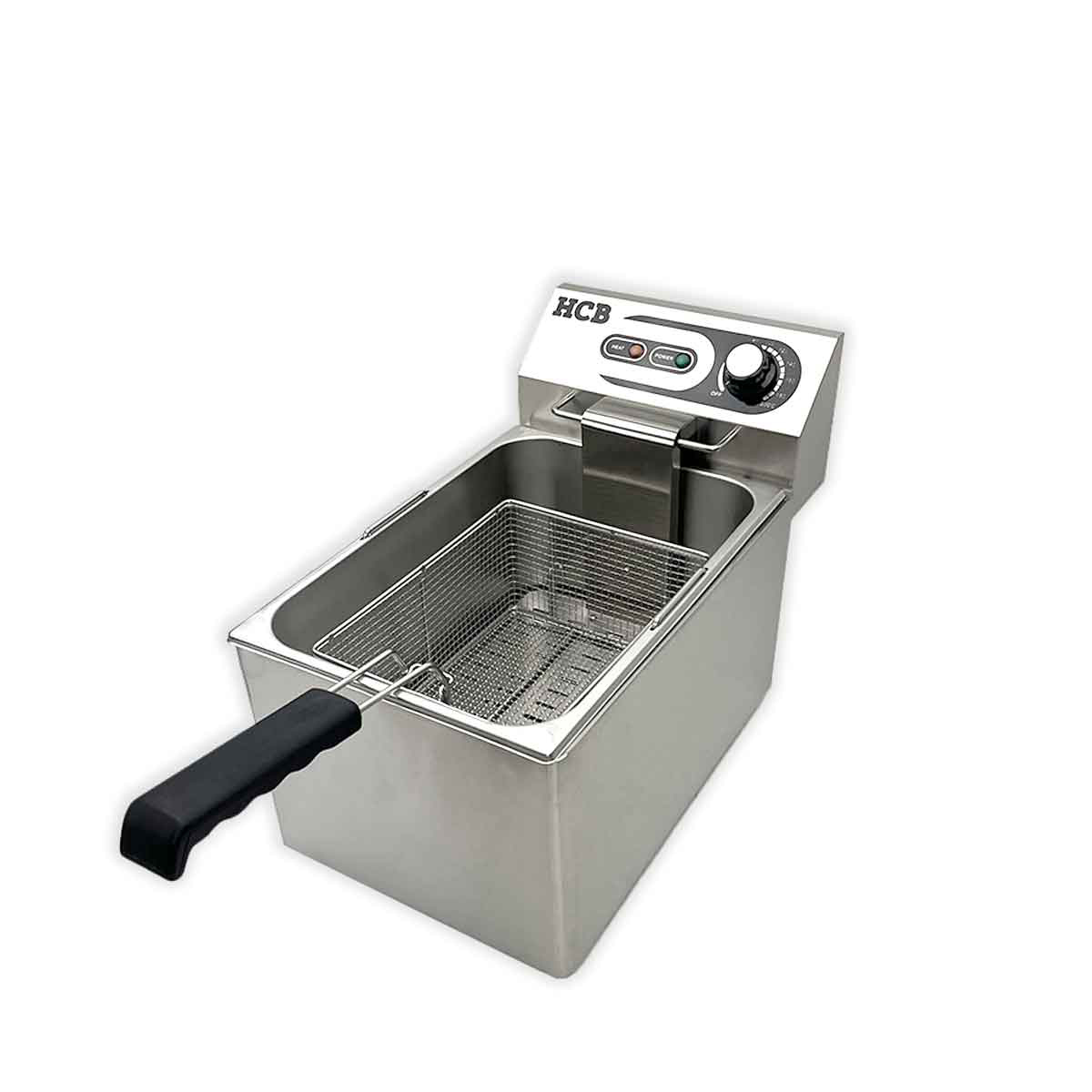 A silver deep fryer with a black handle and control panel.