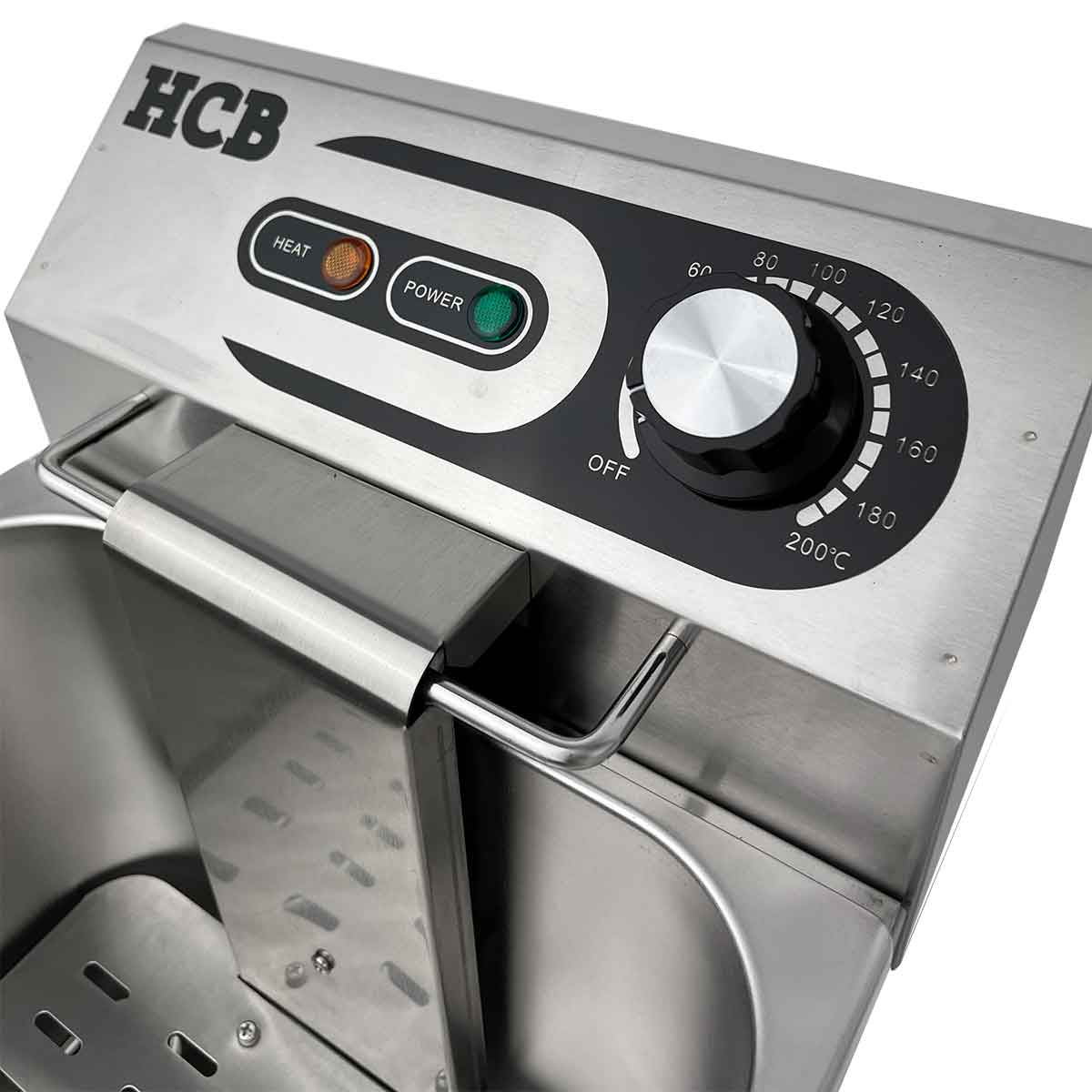 Silver HCB deep fryer with heat and power indicator lights and temp dial.