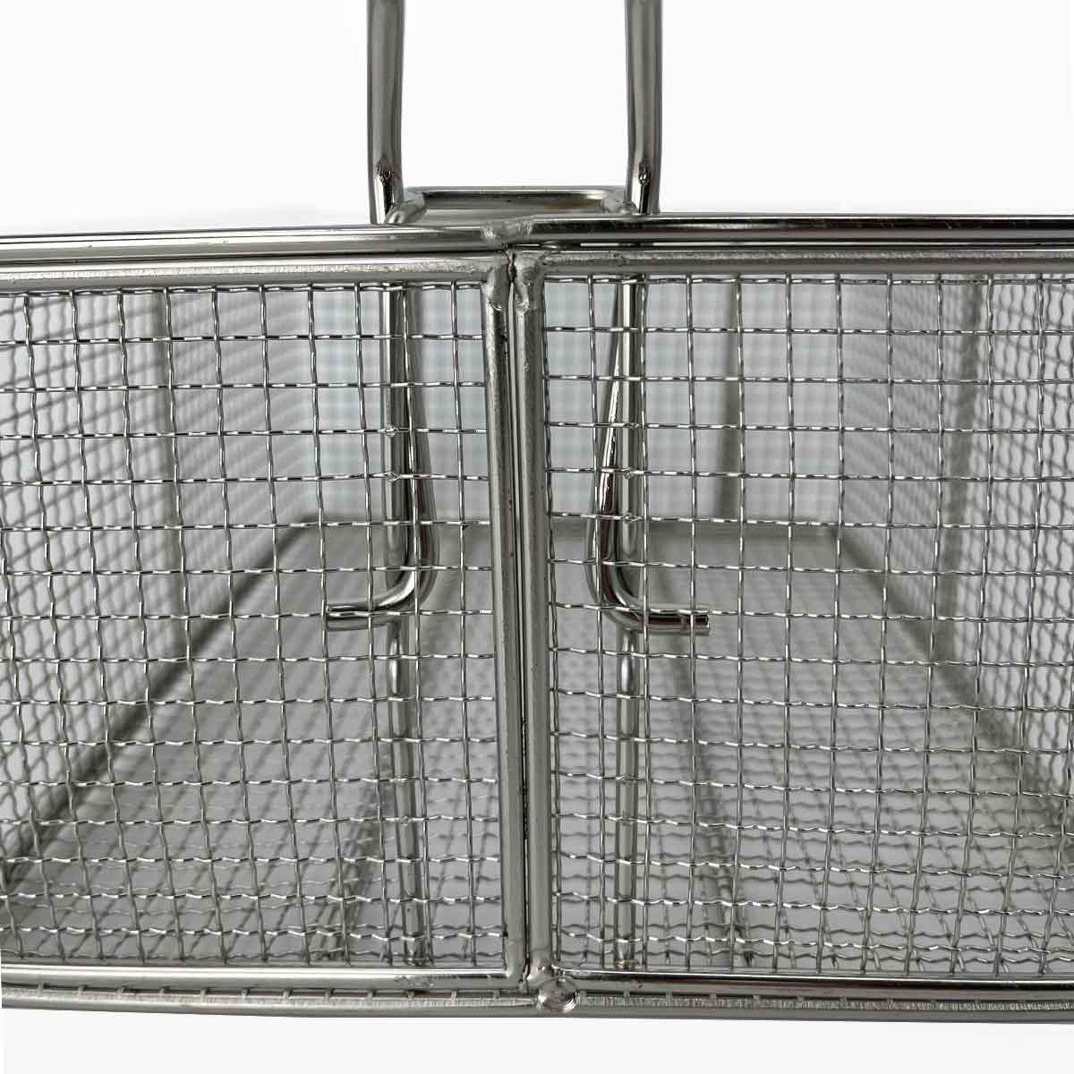 A silver metal basket with fine wire mesh and handles.