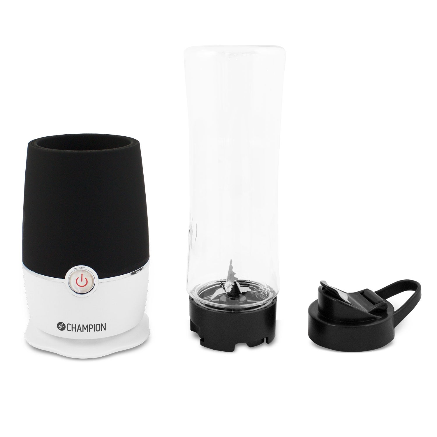 A portable blender with a white base, black top, and clear container.
