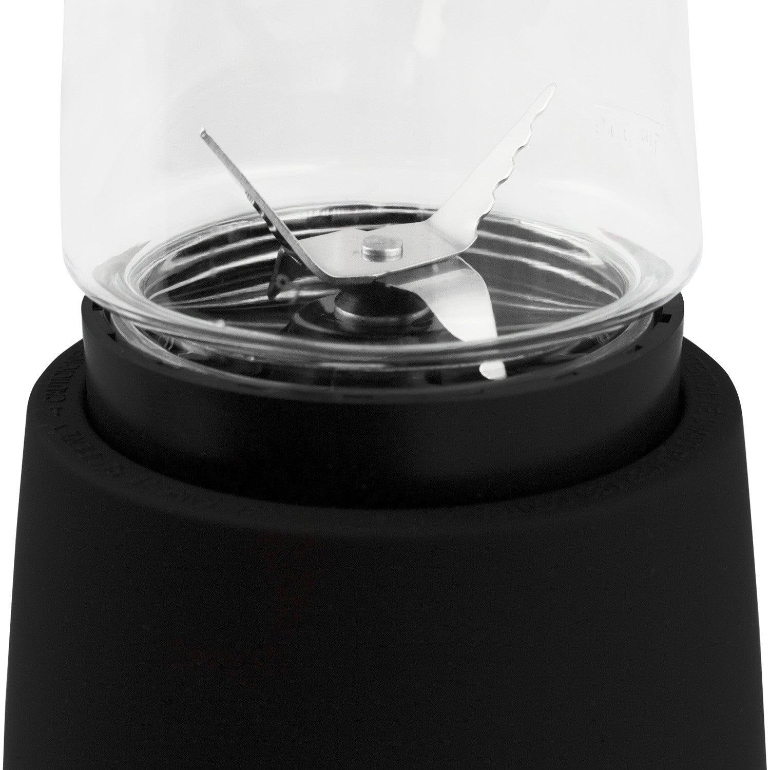Close-up of the blades of a black blender with a clear container.