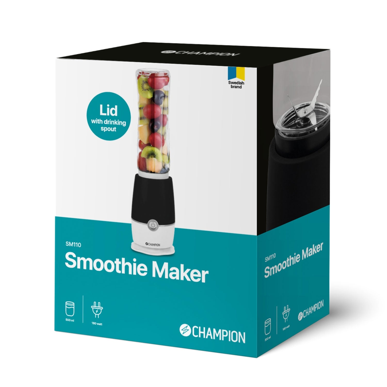 Packaging of a Champion Smoothie Maker with fruit cup and technical details.