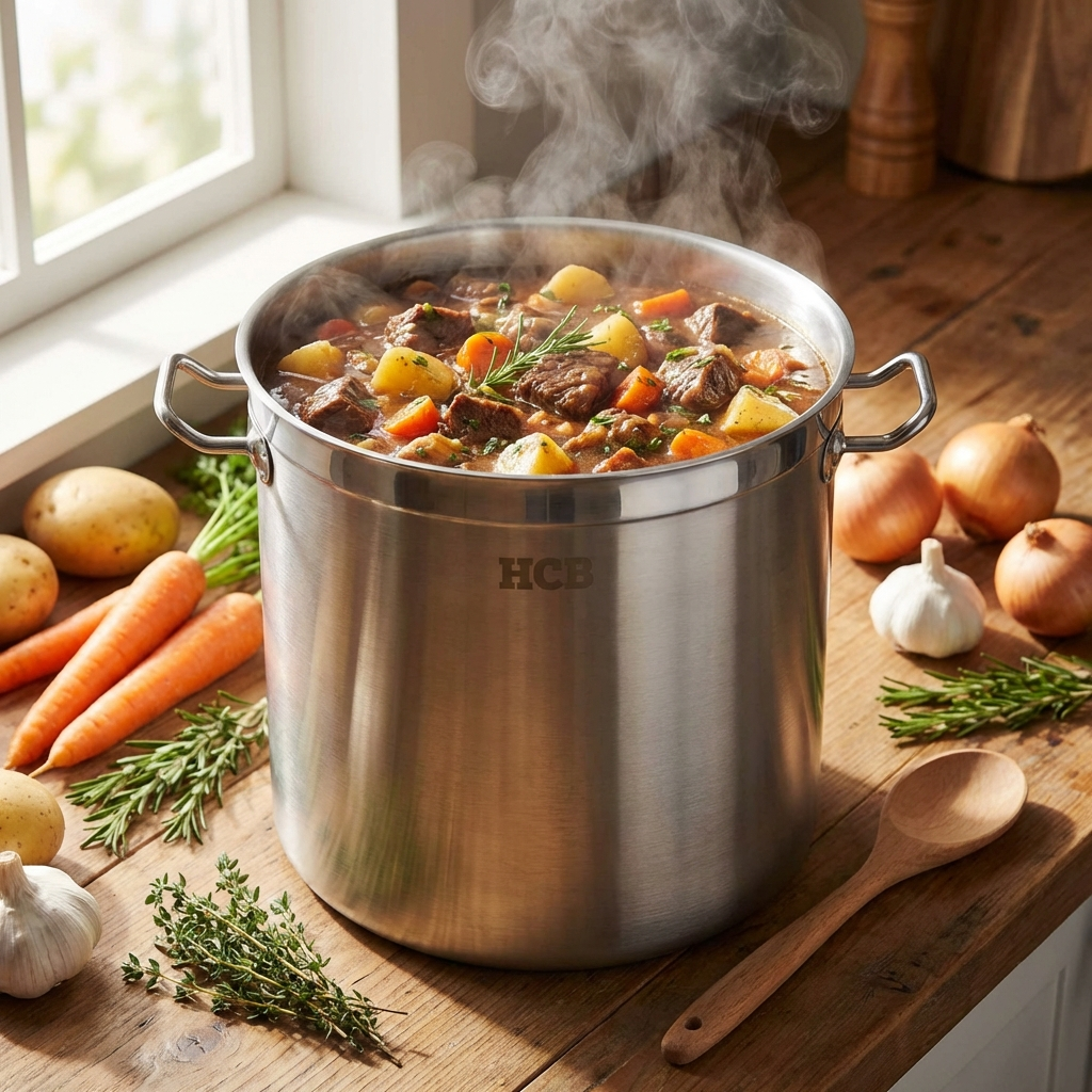 Een pot dampende runderstoofpot met aardappelen en wortelen ernaast.
