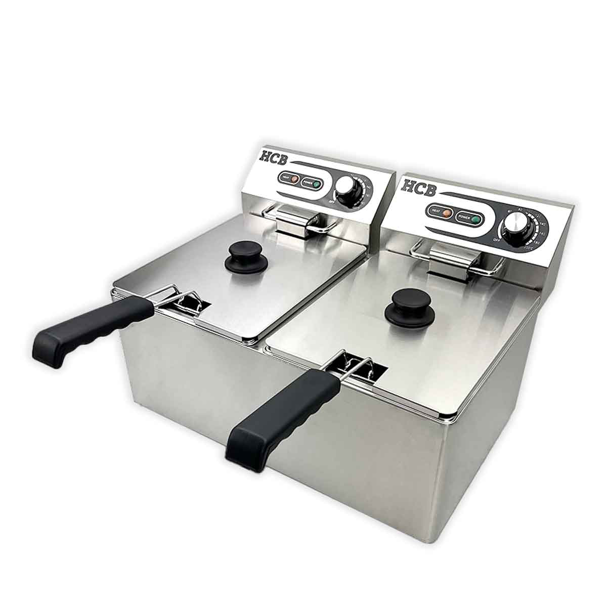 Two stainless steel deep fryers side-by-side with black handles and lids.