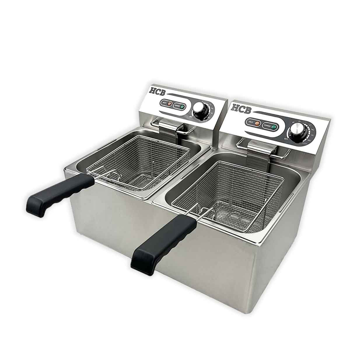 Stainless steel double deep fryer with two baskets and black handles.