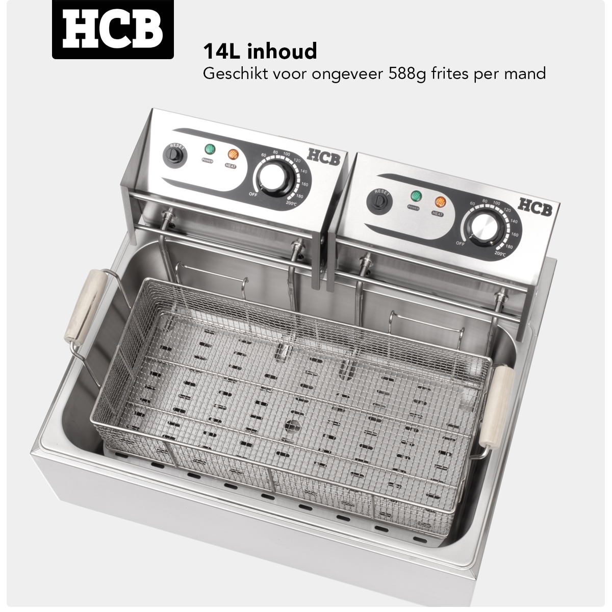Stainless steel double fryer with two baskets and temperature controls.