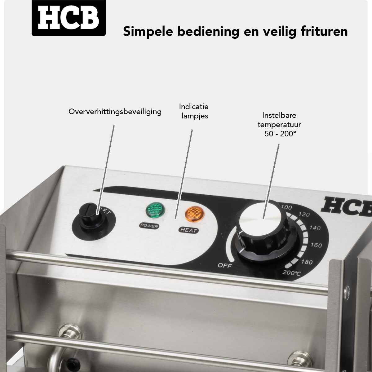 Close-up of a stainless steel fryer control panel with temperature dial and indicators.