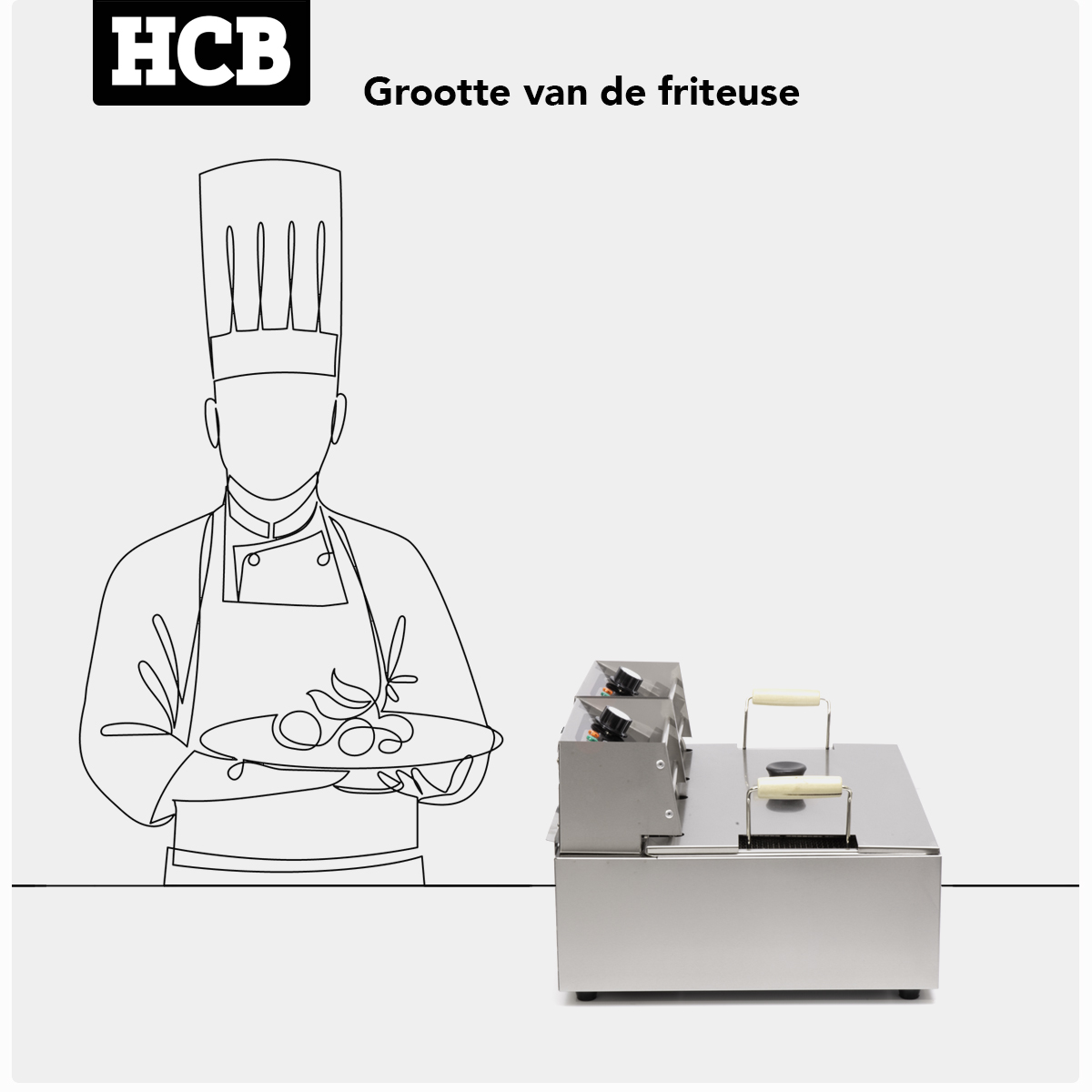 A chef in a hat holds a plate of food next to a fryer.