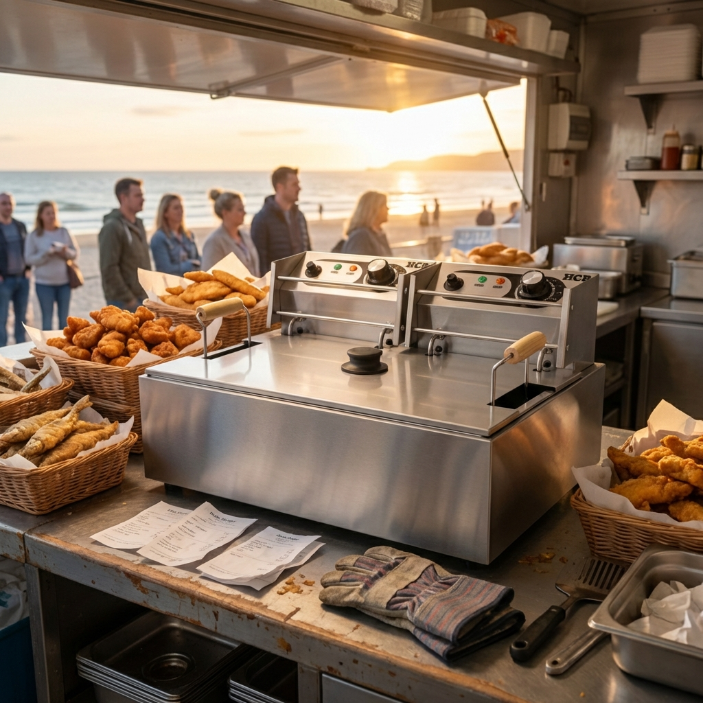 Deep fryer in a food truck at the beach with fried fish and chicken.