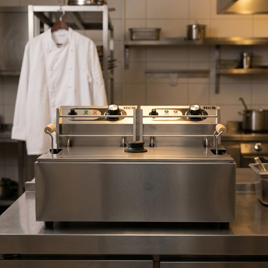 Double stainless steel fryer with knobs and handles, next to a chef's jacket.