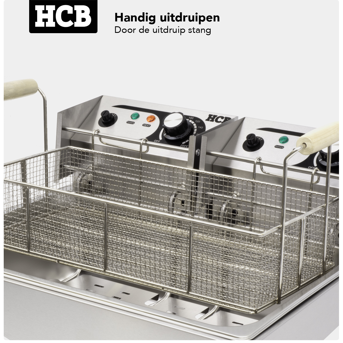 Stainless steel deep fryer with two baskets and controls.