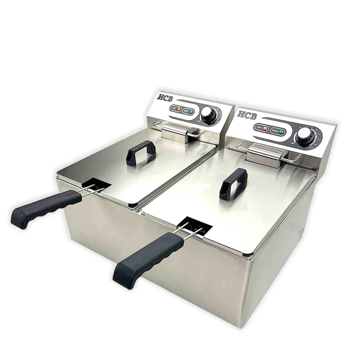 Two stainless steel double deep fryers side by side with black handles.