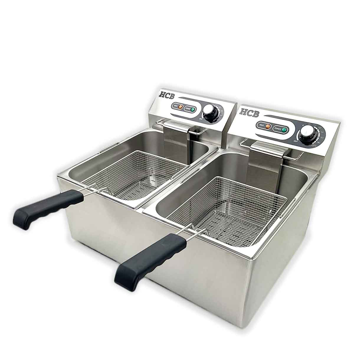 Stainless steel double deep fryer with two baskets and black handles.