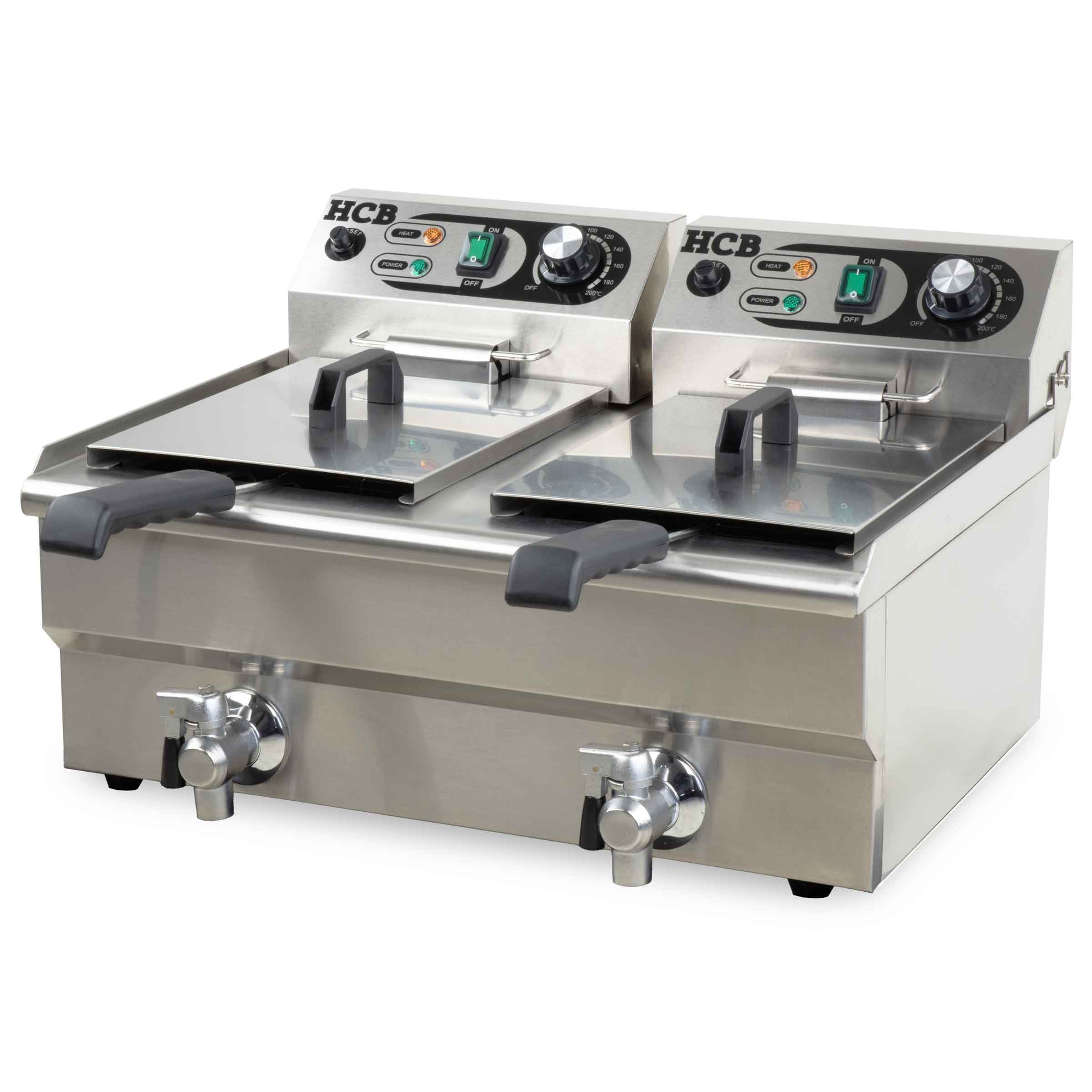 Two stainless steel deep fryers, each with a lid, handle, and drain valve.