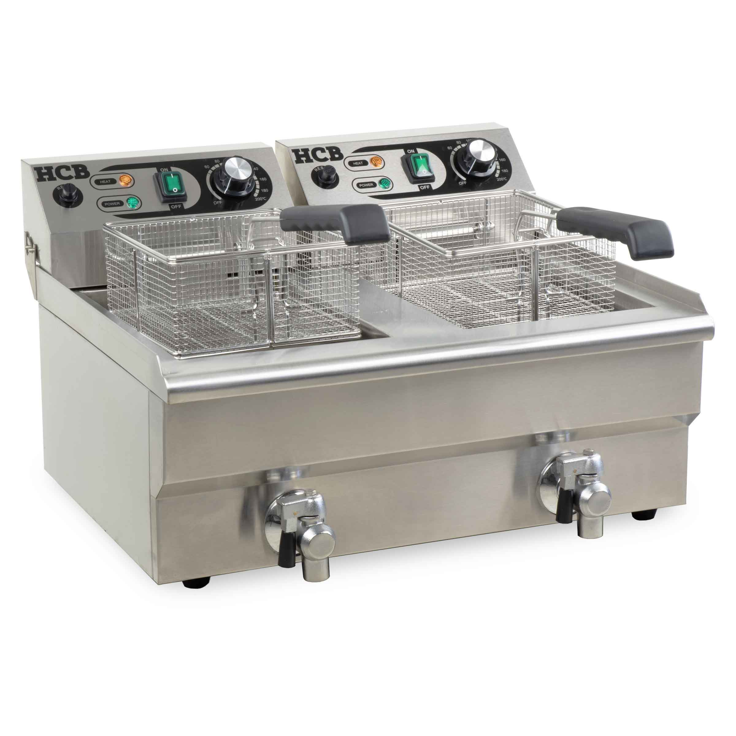 Stainless steel double deep fryer with two baskets, controls and spigots.