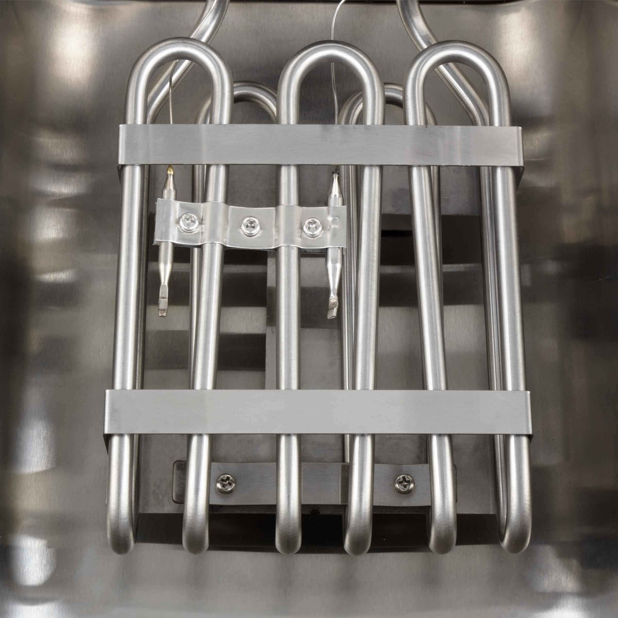 Metal heating element with bracket against a smooth metal back panel.