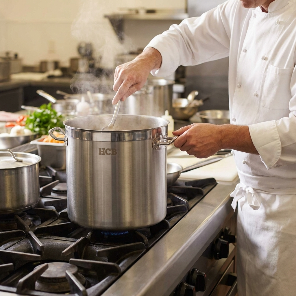 Een chef roert in een grote pan op een gasfornuis, stoom komt omhoog.