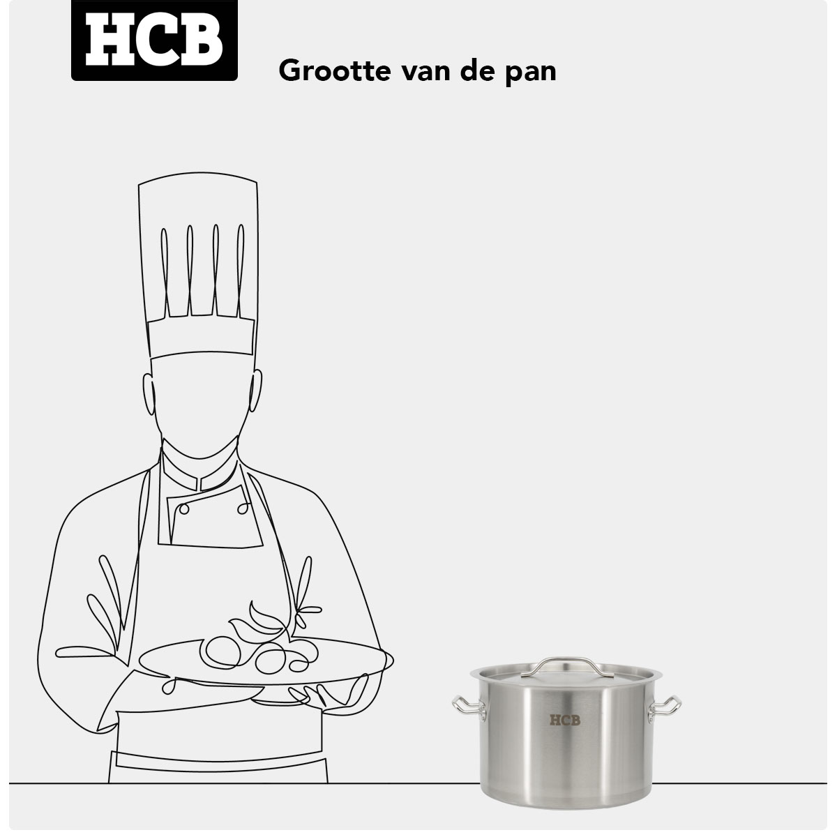Een chef-kok met hoed houdt een bord met eten vast. Een pan staat ernaast.