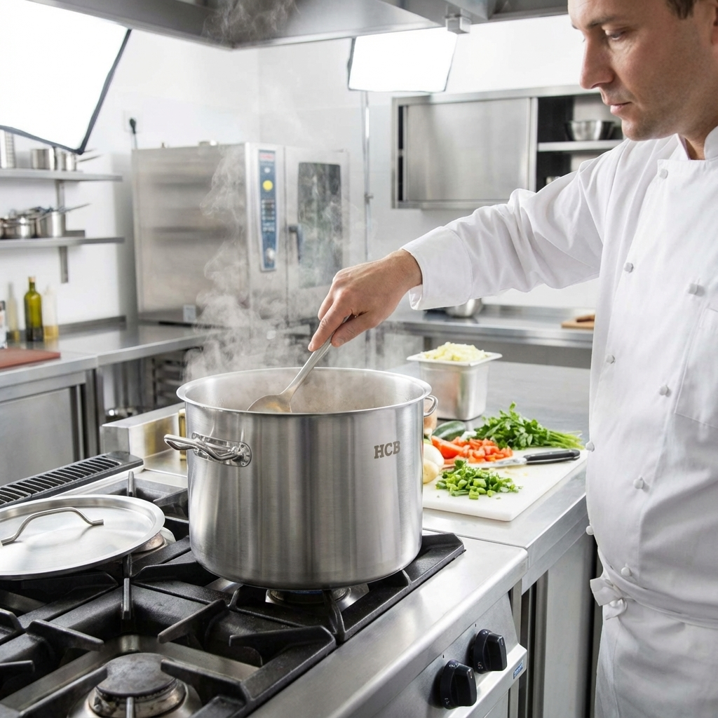 Een chef roert in een pan in een professionele keuken. Groenten liggen op een snijplank ernaast.