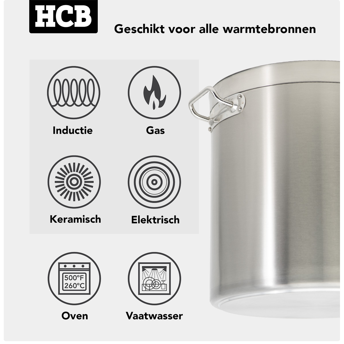 Pan met HCB logo, geschikt voor alle warmtebronnen: Inductie, Gas, Keramisch, Elektrisch, Oven, Vaatwasser.