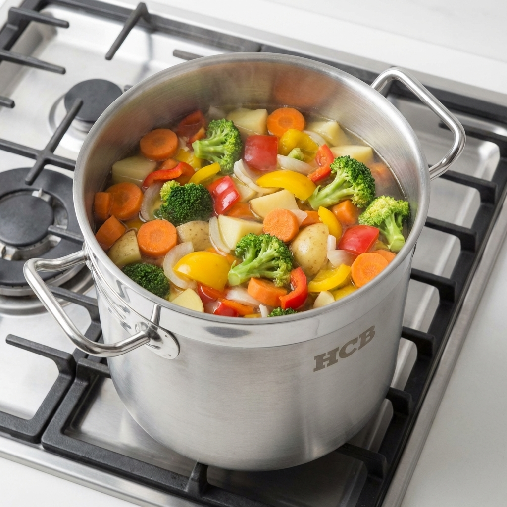 Pan met kokende groenten op gasfornuis, met wortelen, broccoli, aardappelen.