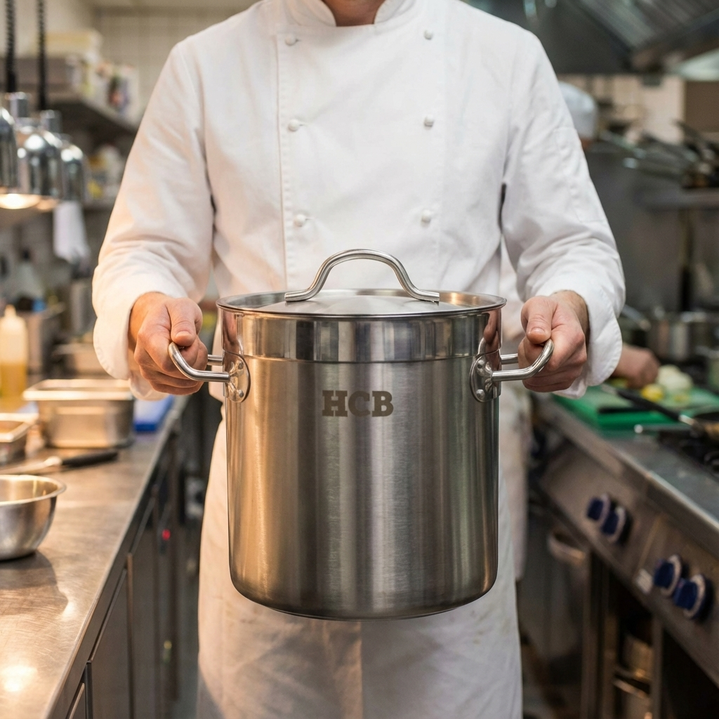 Chef in wit uniform houdt grote metalen pan met HCB-logo vast in keuken.