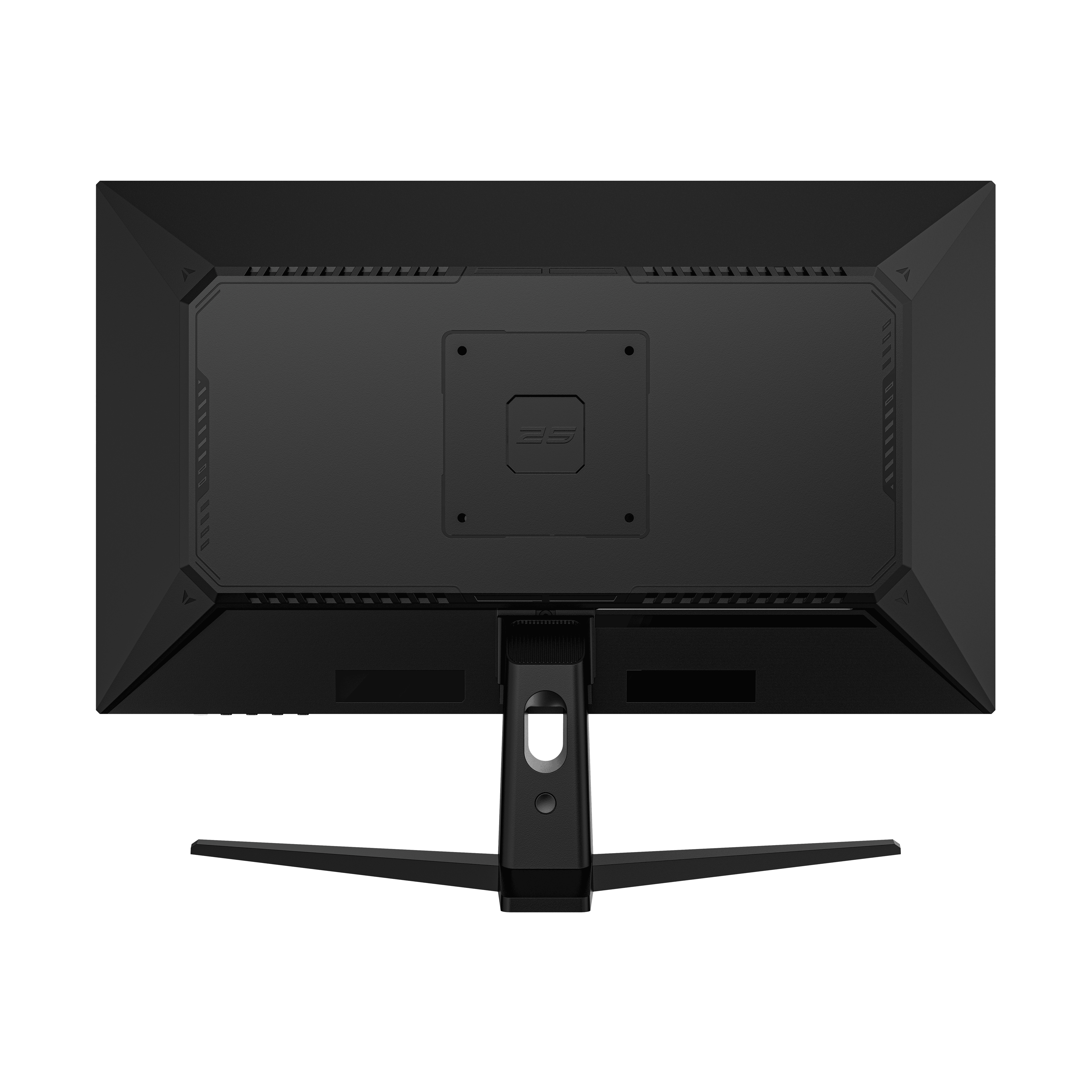 Vista posteriore di un monitor nero con supporto a V e porte.