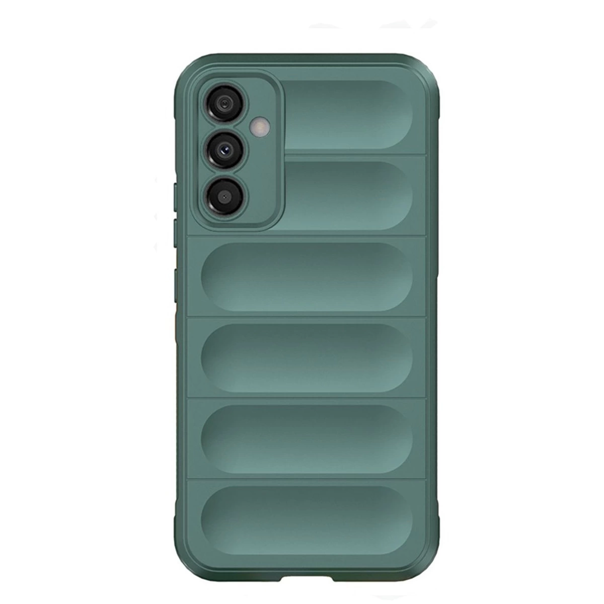 Üç kameralı, yatay oluklu yeşil telefon kılıfı.