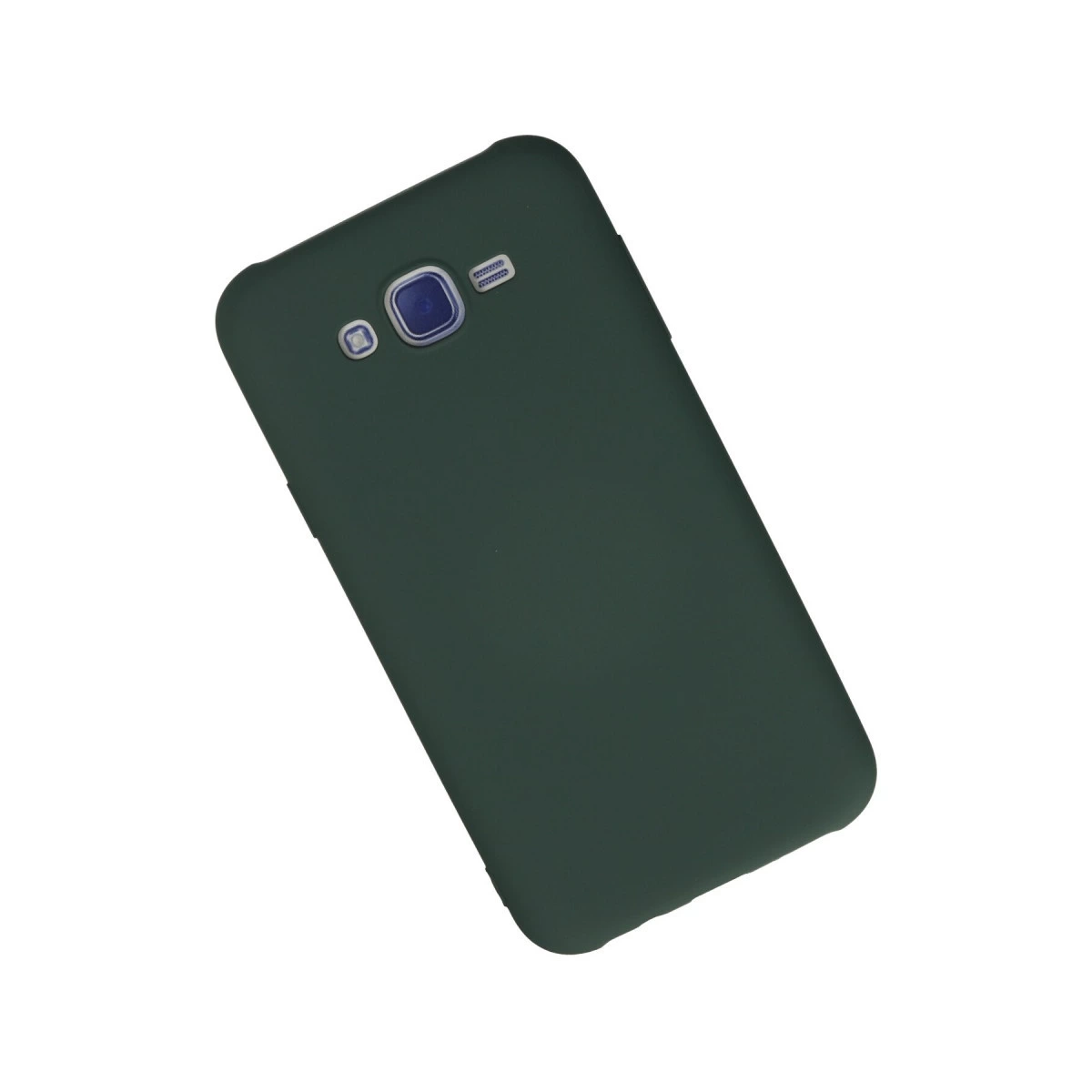 Kamera modülü ve flaşlı koyu yeşil telefon kılıfı.