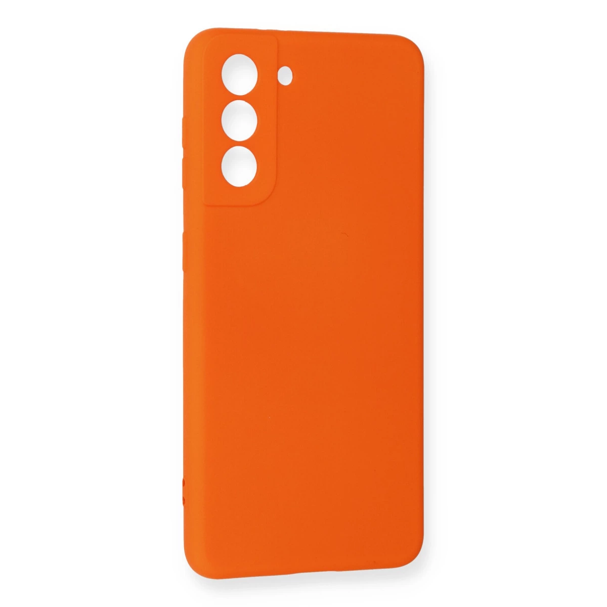Üç kamera deliği ve daha küçük bir delik bulunan turuncu telefon kılıfı.