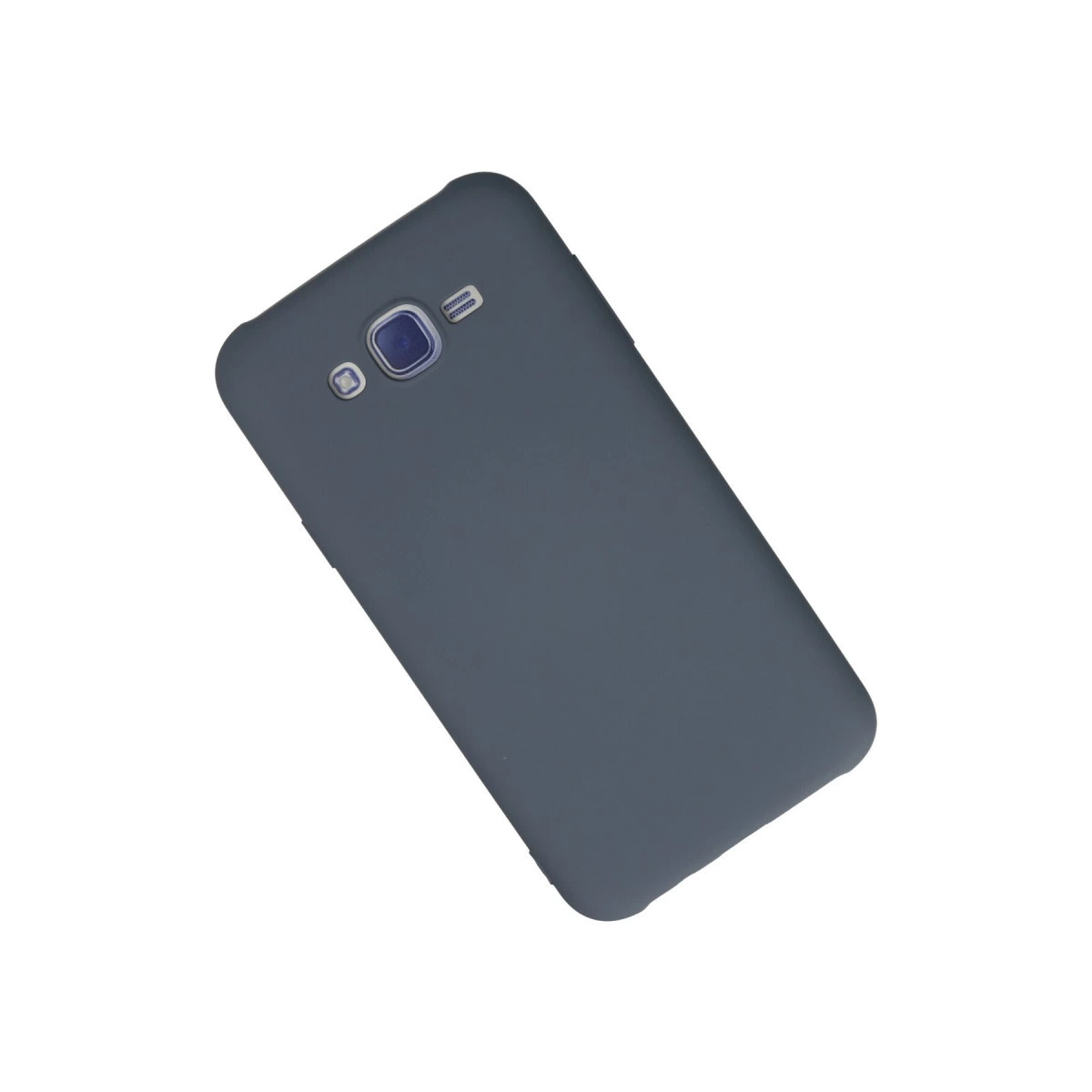 Koyu gri telefon kılıfı, kamera ve flaşlı, beyaz arka planda.