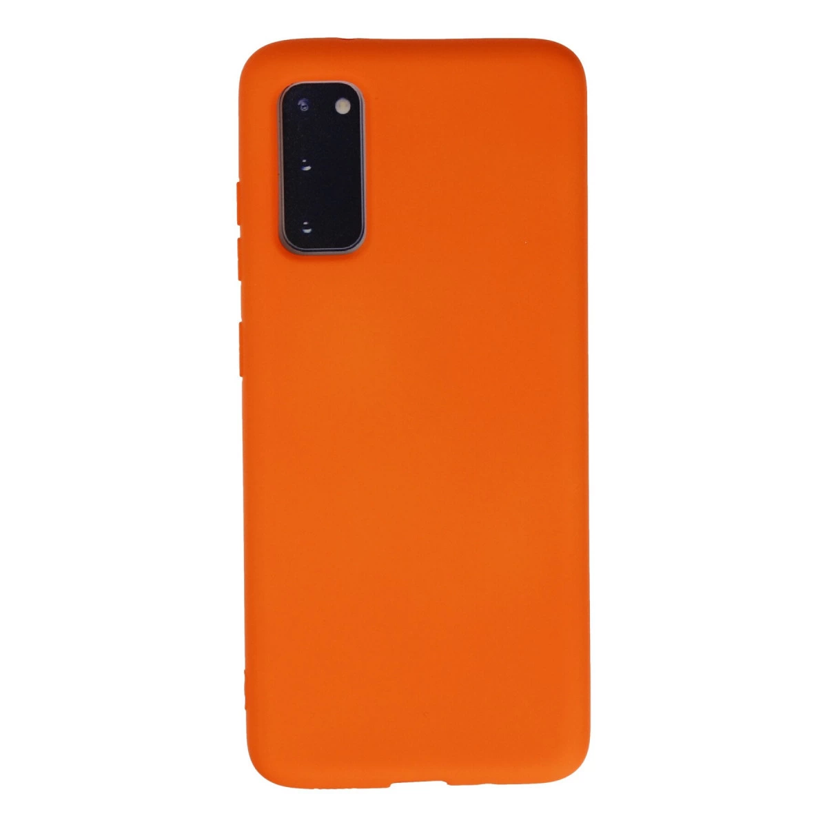 Beyaz arka plan üzerinde siyah kamera modülüne sahip turuncu telefon kılıfı.