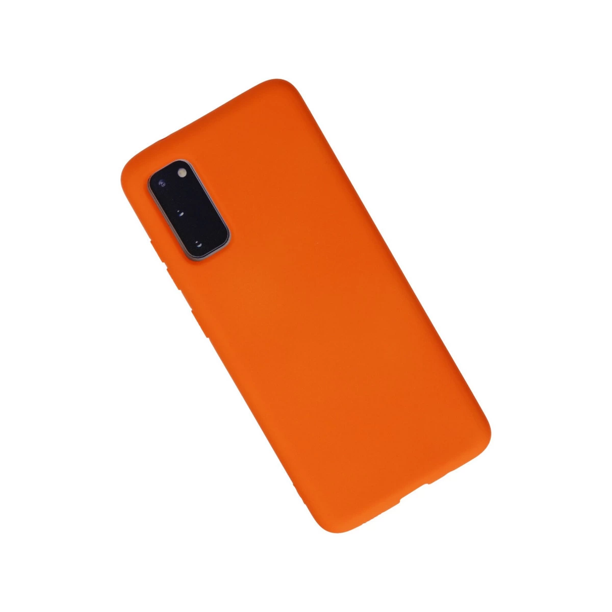 Beyaz arka plan üzerinde siyah kamera lensli turuncu telefon kılıfı.