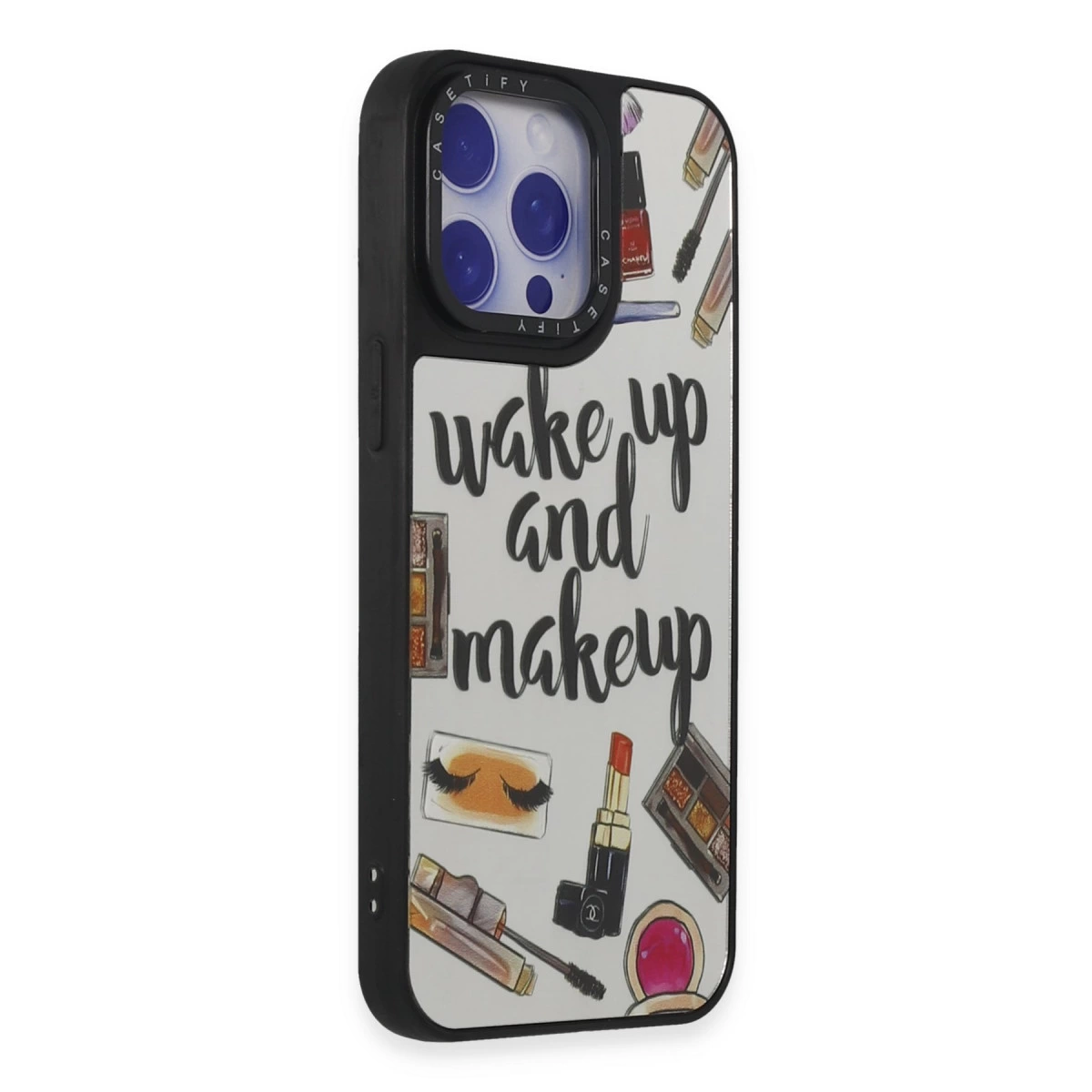 Üzerinde "Wake up and makeup" yazısı ve makyaj çizimleri bulunan bir iPhone kılıfı.