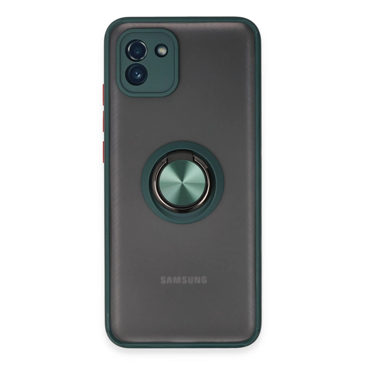 Yeşil kılıflı, halka tutuculu ve kameralı koyu renk Samsung telefonun arkası.